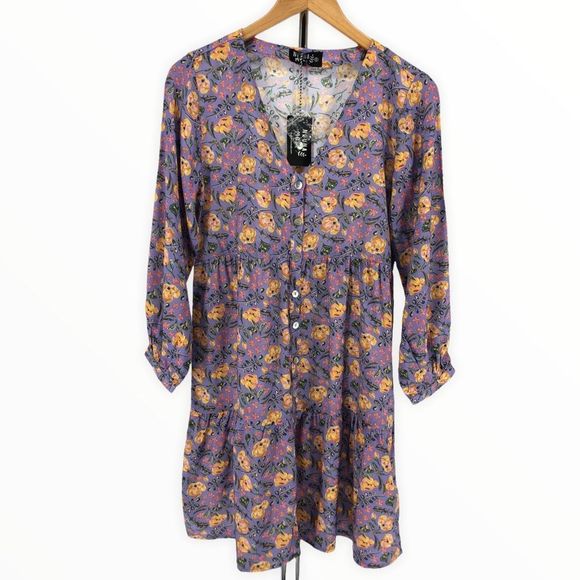 Nrvna Mode Jeanne Purple Floral Mini Shirt Dress Long Sleeve size Small NWT - Picture 2 of 12